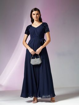 Miss Chase - Women's Navy Blue Relaxed Fit Georgette Gown