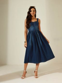 Miss Chase - Women's Navy Blue Sweetheart Bustier Gathered Midi Denim Dress
