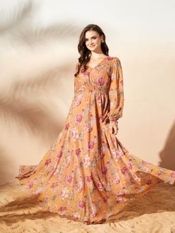 Miss Chase - Women's Mustard Floral V-Neck Bishop Sleeve Maxi Dress