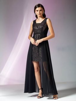 Miss Chase - Women's Black Tapered Square Sleeveless Bodycon Mini Georgette Dress