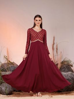 Miss Chase - Women's Maroon V-Neck Full Sleeve Fit and Flare Crepe Gown