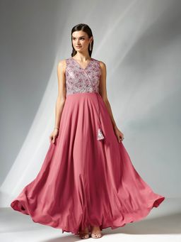 Miss Chase - Women's Pink V-Neck Sleeveless Floral Fit and Flare Georgette Gown