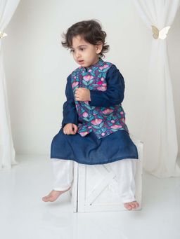 Mi Dulce An'ya - Blue Floral Printed Bandhgala with Kurta and Pyjama (Set of 3)