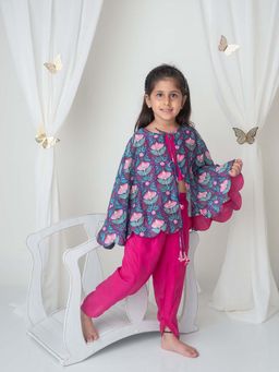 Mi Dulce An'ya - Navy Blue Floral Printed Cape with Top and Dhoti (Set of 3)