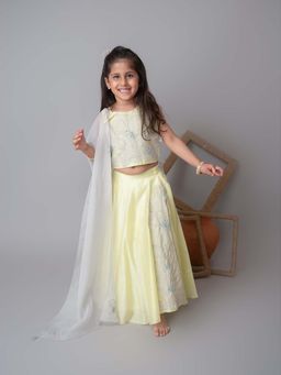 Mi Dulce An'ya - Lemon Yellow Floral Applique Lehenga with Blouse and Dupatta (Set of 3)