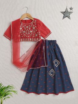 The Magic Wand - Red Foil Print Embroidered Lehenga Choli with Dupatta (Set of 3)