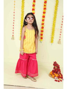 The Magic Wand - Yellow Sleeveless Strip Print Kurta with Sharara