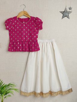 The Magic Wand - Pink Puff Sleeves Foil Print Choli with Gold Lace Lehenga