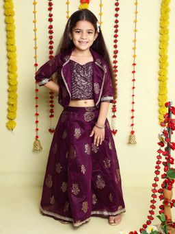 The Magic Wand - Wine Embellished & Printed Lehenga Choli with Jacket (Set of 3)