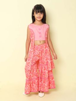 The Magic Wand - Pink Floral Printed Sleeveless Kurta and Sharara