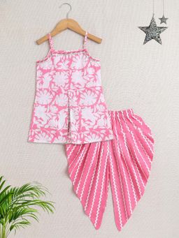 The Magic Wand - Pink Sleeveless Floral Print Kurti with Stripe Dhoti