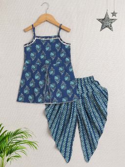 The Magic Wand - Navy Blue Sleeveless Floral Print Kurti with Stripe Dhoti