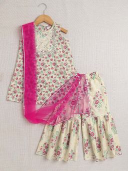 The Magic Wand - Off White Sleeveless Printed Kurta with Sharara and Dupatta (Set of 3)