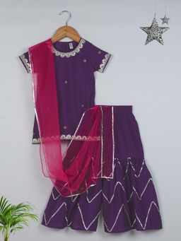 The Magic Wand - Purple Solid Gota Lace Kurta with Sharara and Dupatta (Set of 3)