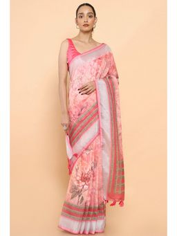 Soch - Women Pink Linen Floral Saree with Unstitched Blouse