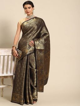 Odette - Navy Blue Silk Blend Woven Saree with Unstitched Blouse