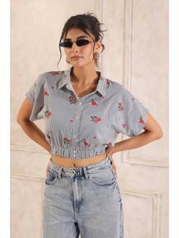 June 9 Clothing - Grey Stripe Crop Shirt