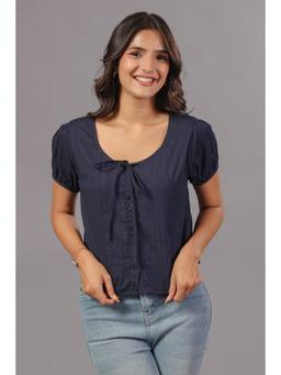 June 9 Clothing - Navy Blue Tie-Neck Button Down Top