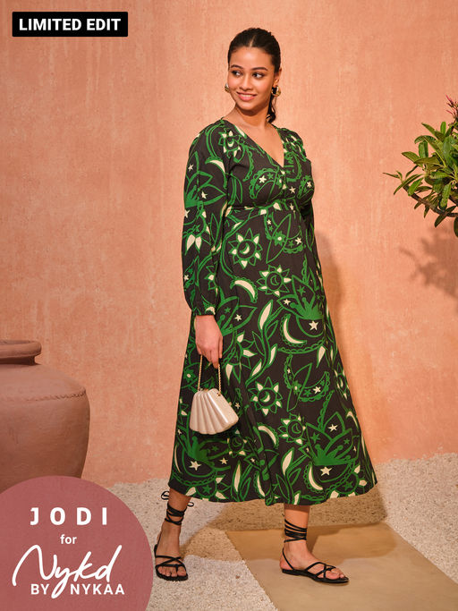 Buy Jodi X Nykd Modal Flowy V Neck Maxi Dress with Beaded Tassels NYJ08  Black Sun & Moon Print Online