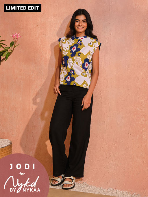 Nykd by Nykaa Jodi X Nykd Cotton Round Neck Extended Shoulder Tshirt - NYJ12- Mustard Peace Bird Print