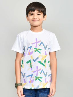 YOUMAA - Boys White Cotton Printed T-Shirt