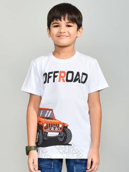 YOUMAA - Boys White Cotton Printed T-Shirt