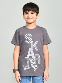 YOUMAA - Boys Grey Cotton Printed T-Shirt