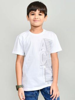 YOUMAA - Boys White Cotton Printed T-Shirt