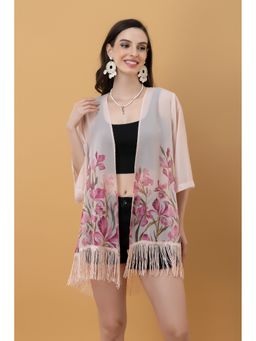 PURYS - Beige Placement Print Kimono Style Shrug