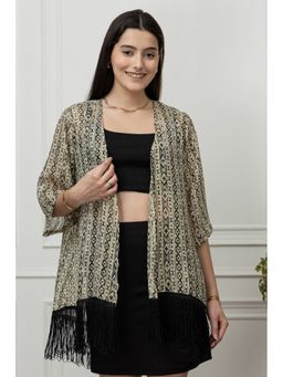 PURYS - Black Abstract Printed Kimono Style Shrug