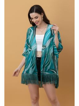 PURYS - Green Abstract Printed Kimono Style Shrug