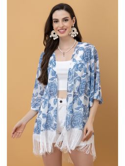 PURYS - White Floral Printed Kimono Style Shrug