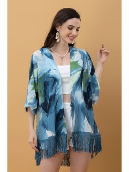 PURYS - Blue Abstract Printed Kimono Style Shrug