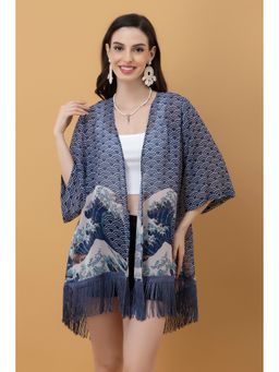 PURYS - Blue Graphic Printed Kimono Style Shrug