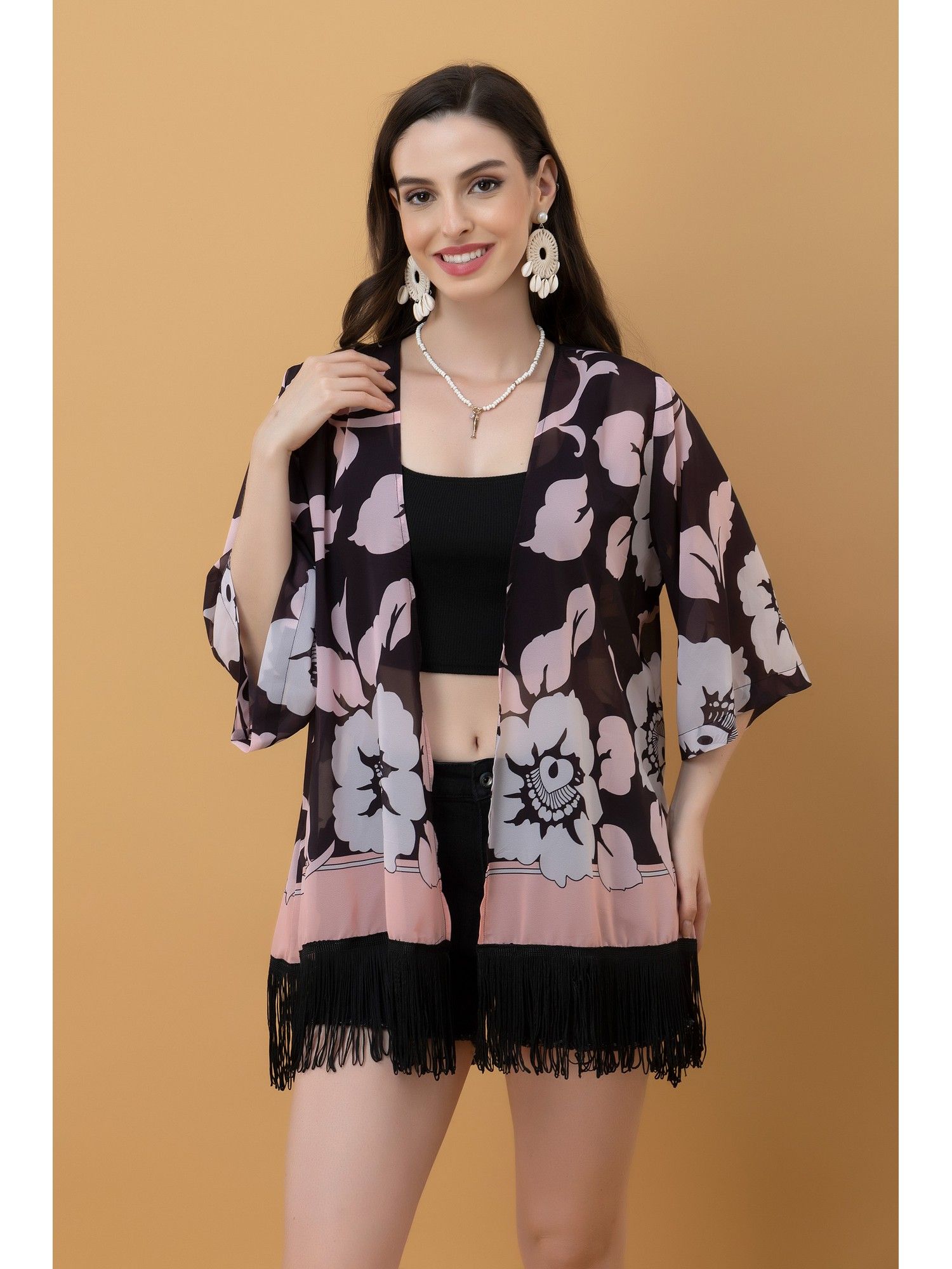 purys Black Placement Floral Print Kimono Style Shrug-picture-22