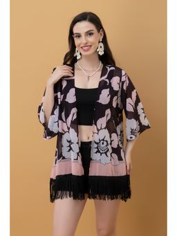 PURYS - Black Placement Floral Print Kimono Style Shrug