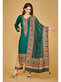 Safaa - Women Acro Wool Woven Unstitched Suit and Dupatta Color Green (Set of 3)