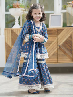 Fayon Kids - Blue Cotton Print Kurti and Sharara with Blue Net Dupatta (Set of 3)