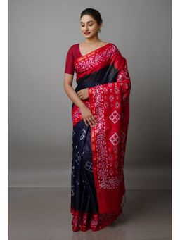 Unnati Silks - Navy Blue & Red Pure Batik Chanderi Silk Saree with Unstitched Blouse