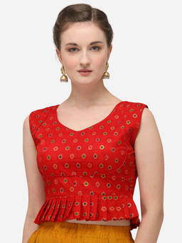 Amrutam Fab - Womens Jacquard Red Stiched Blouse With V Neck
