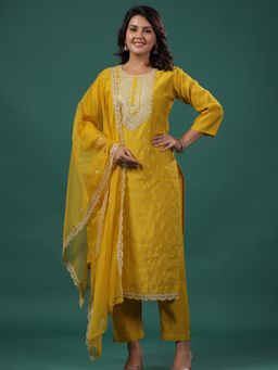 Sindh Fashion - Yellow Embellished Neckline Kurta with Pant and Dupatta (Set of 3)