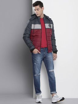 The Indian Garage Co - Men Maroon and Grey Colorblock Detachable Hood Full Sleeves Jacket