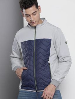 The Indian Garage Co - Men Navy Blue and Grey Colorblock High Neck Full Sleeves Jacket