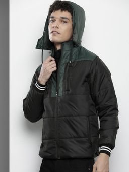 The Indian Garage Co - Men Black and Green Solid Detachable Hood Jacket
