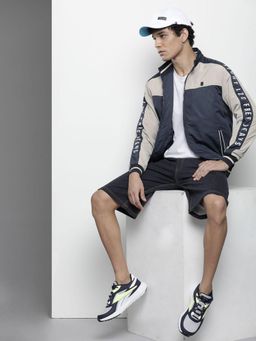 The Indian Garage Co - Men Navy Blue and Grey High Neck Full Sleeves Jacket