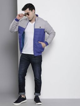The Indian Garage Co - Men Blue and Grey Colorblock High Neck Full Sleeves Jacket