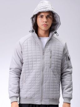 The Indian Garage Co - Men Grey Solid Hooded Full Sleeves Jacket