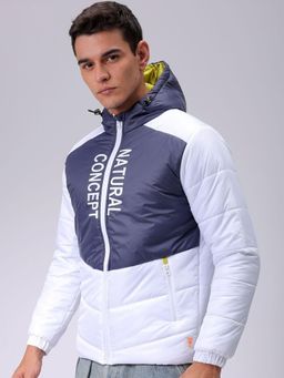 The Indian Garage Co - Men White and Navy Blue Colorblock Hooded Full Sleeves Jacket