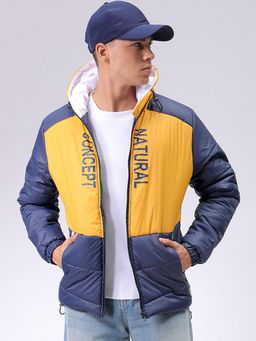 The Indian Garage Co - Men Navy Blue and Yellow Colorblock Hooded Full Sleeves Jacket