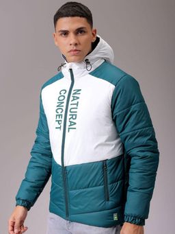 The Indian Garage Co - Men Teal and White Colorblock Hooded Full Sleeves Jacket